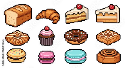 A vibrant pixel art collection of baked goods including bread, croissants, cakes, and pastries