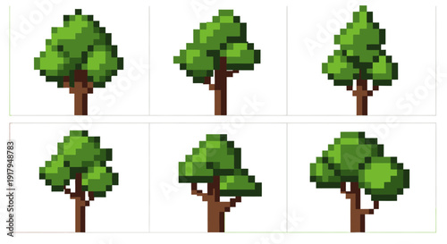 A detailed grid of pixelated trees showing various shapes and sizes, intricately designed