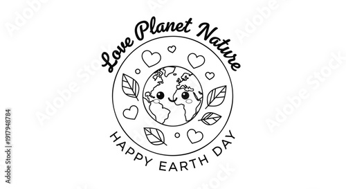 Earth Day icon with eco-friendly elements, featuring a globe, leaves, and hearts. Created in line art style with black and white color palette.