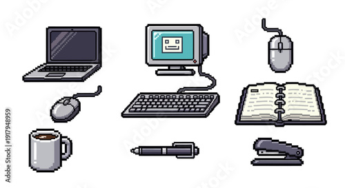 A pixel art collection featuring a laptop, desktop, mouse, keyboard, notebook, coffee mug, pen, and stapler