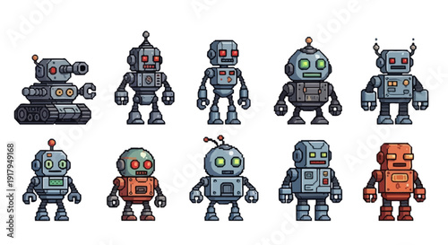 A colorful array of ten whimsical robots showcasing various designs and features, including antennas