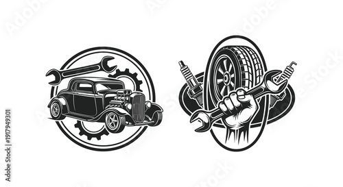 Two mechanical design elements featuring a vintage car and a wrench held firmly over a tire