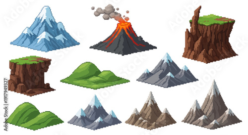 A collection of pixel art mountains featuring snow-capped peaks, rolling hills, and a volcano