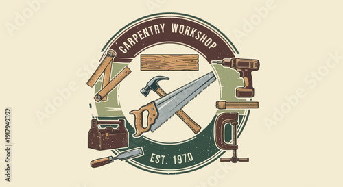 A vintage-themed illustration showcasing essential carpentry tools arranged in a circular design