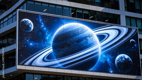 Cosmic Scene with Planets and Stars Displayed on Modern Building Wall