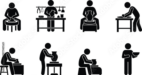Pottery Artisan Silhouette Set Creating Ceramic Vase and Bowl on Wheel in Craft Workshop