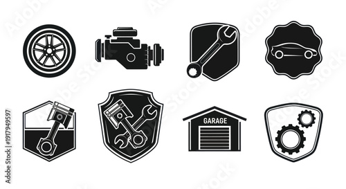 A collection of eight automotive-themed icons featuring wheels, engines, tools, and garages