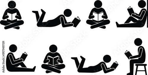 People Reading Books Silhouette Set with Sitting, Lying and Floor Study Poses for Education ConceptPeople Reading Books Silhouette Set with Sitting, Lying and Floor Study Poses for Education Concept