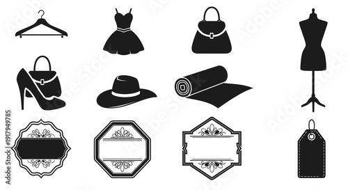 A collection of stylish fashion icons including a dress, handbag, shoes, hat, and labels