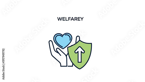 A hand holds a blue heart, next to a green shield with upward arrow, under the word "WELFAREY