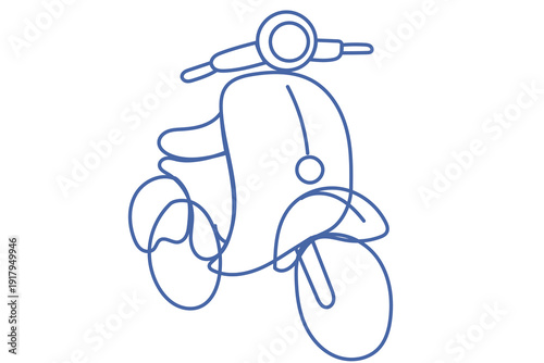 Blue Outline Scooter Art. Abstract Moped Contour Drawn Decoration, Summer Travel and Rest Theme. Adventure Journey Leisure Activity. Tropical Exotic Countries Transport