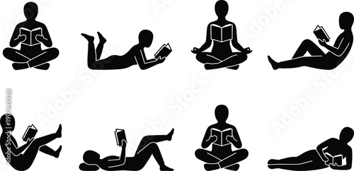 People Reading Books Silhouette Collection with Relaxing Sitting and Lying Poses for Learning and Education