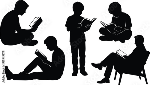 People Reading Books Silhouette Set with Children and Adults Sitting, Standing and Studying for Education, Knowledge and Learning ConceptPeople Reading Books Silhouette Set with