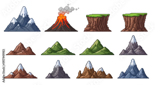 A collection of stylized pixel art mountains, including snowy peaks, a volcano, and varied terrain
