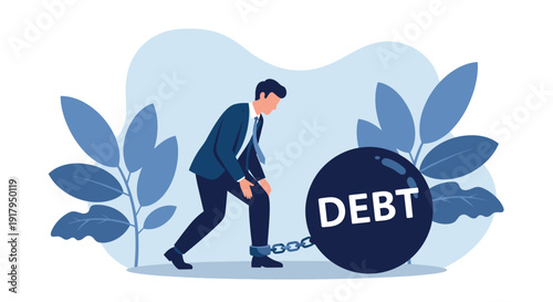 A man in a suit is chained to a large black ball labeled "DEBT," appearing burdened. Blue leaves in the background create a somber tone.
