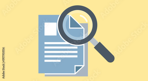Magnifying glass over documents, flat design, research concept