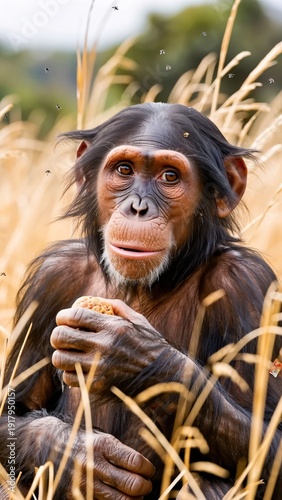 Thoughtful monkey sitting in tall grass holding snack close by