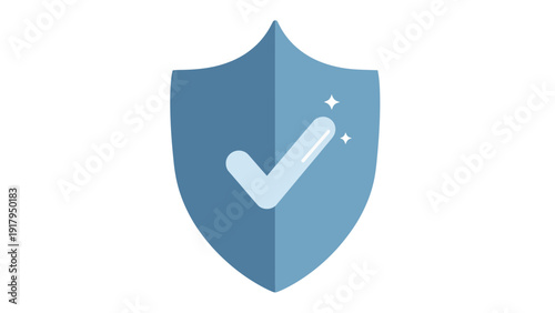 Shield icon in shades of blue with checkmark and sparkle details on white background