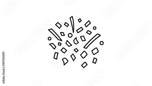 A cluster of outlined, abstract shapes and circles float against a stark white backdrop