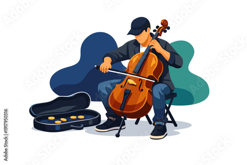 Man playing cello music instrument with case.