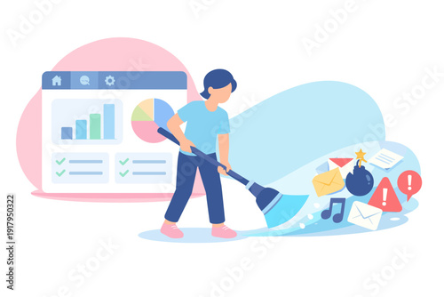 Person cleaning digital clutter with a broom illustration.