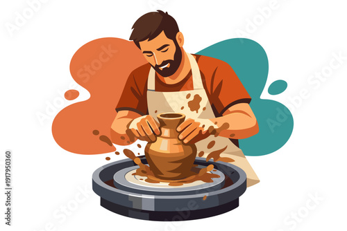 Man creating pottery on a spinning wheel with clay.