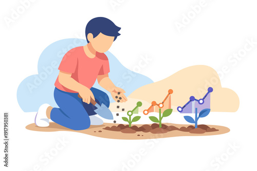 Young boy planting seeds symbolizing financial growth and investment.