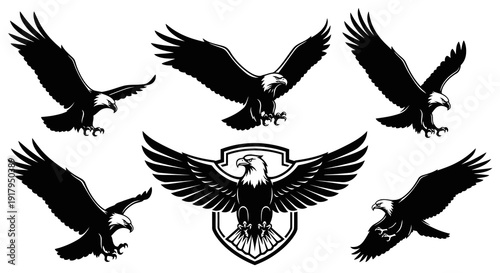 A collection of six stylized eagles with varying poses surrounding a central emblematic eagle design
