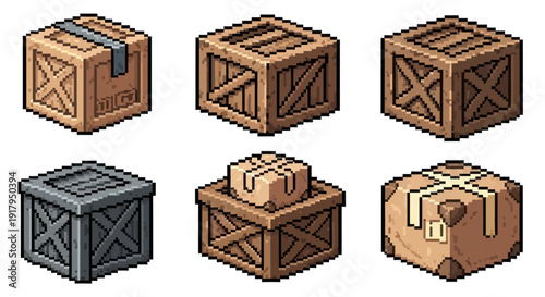 A collection of six stylized pixel-art crates with varying designs, colors, and details