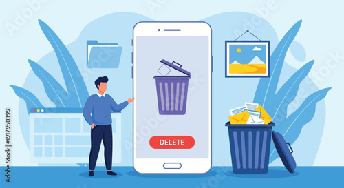 A person stands beside a huge smartphone displaying a trash icon and red "Delete" button. Nearby, an overflowing trash can holds letters. The tone is modern and digital.