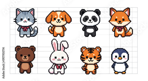 A colorful pixel art grid of cute animal characters including a cat, dog, panda, and more
