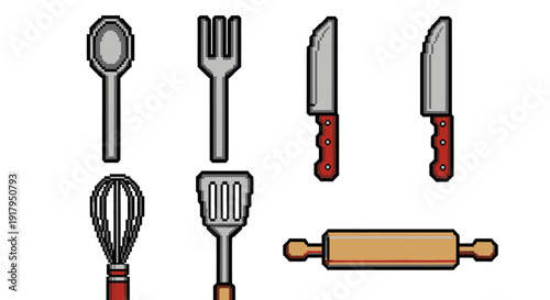 A collection of essential kitchen utensils including a spoon, fork, whisk, spatula, and knives