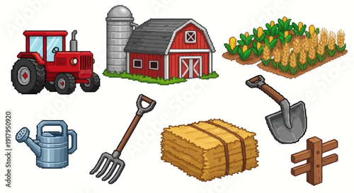 A vibrant farm scene featuring a red tractor, barn, silo, crops, and various farming tools