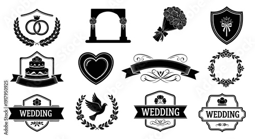 Wedding-themed graphic featuring decorative elements like rings, hearts, a floral arch, and cake