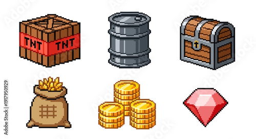 A collection of pixelated game items including TNT, a barrel, a treasure chest, coins, and a gem