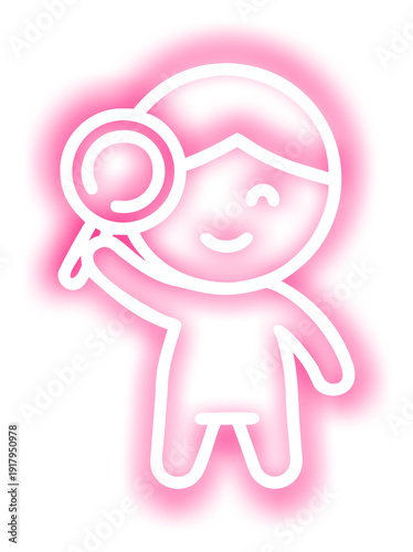 Girl using magnifying glass search neon icon