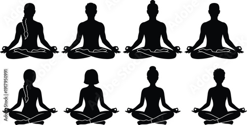 Men and Women Meditation Silhouette Set in Lotus Pose for Yoga, Mindfulness and Wellness Concep