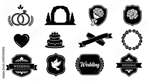 A collection of black wedding-themed icons including rings, cake, heart, and floral designs