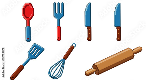 A collection of pixel art cooking utensils including spoons, forks, knives, and a rolling pin