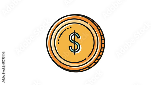 A circular illustration of a golden coin featuring the dollar sign