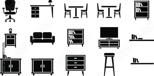 Furniture pieces such as chairs, tables, sofas, and storage units in a minimalist black style.