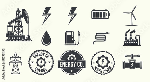 A collection of energy icons featuring oil rigs, renewable wind energy, power symbols, and more