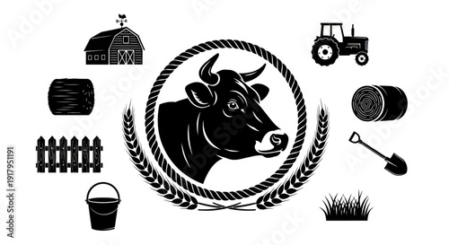 A black and white illustration featuring a cow's head surrounded by farm-related icons and tools