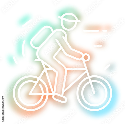 Cyclist riding bicycle neon glowing outline icon