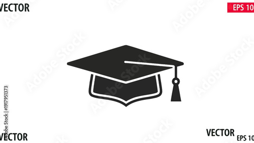 A black, stylized illustration of a graduation mortarboard with a tassel, centered on a white backdrop