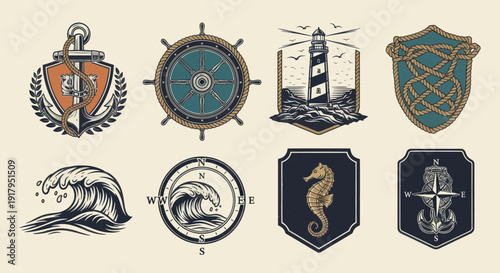 Diverse nautical-themed icons including ships, waves, a lighthouse, and marine creatures on beige