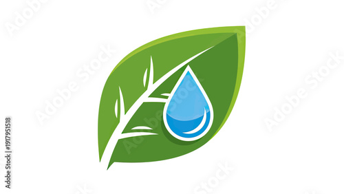 A stylized leaf containing a water droplet, white veins against a white background