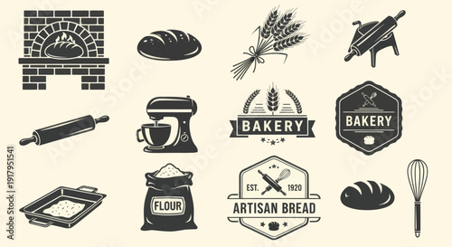 A collection of bakery-themed illustrations including bread, tools, ingredients, and logos