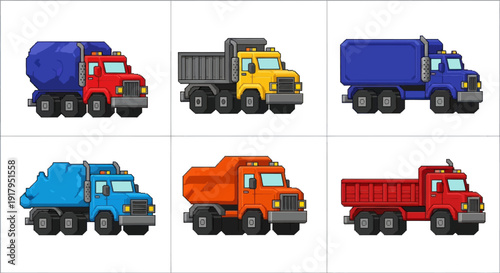 A grid of six colorful cartoon-style trucks, varying in design and purpose, each uniquely vibrant