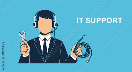 A professional in a suit holds a wrench and cable, symbolizing IT support with a headset on